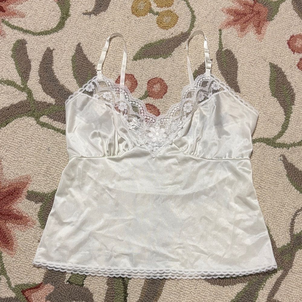 Lady Manhattan Vintage White Nylon Lace Camisole, Lacy Cami, small medium